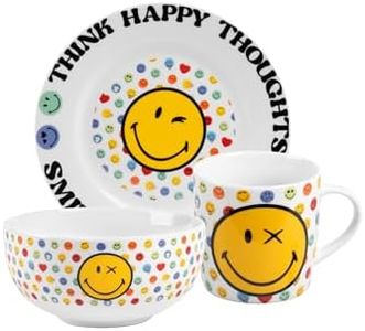 United Labels SmileyWorld Children's Breakfast Set with Smiley Face, Porcelain Crockery Set, 3-Piece with Plate, Bowl and Cup, Dishwasher and Microwave Safe