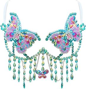 Neva Nude Enchanted Butterfly Beaded Crystal Jewel Carnival Bra for Raves and Festivals, Adjustable, Handmade in USA (Large)