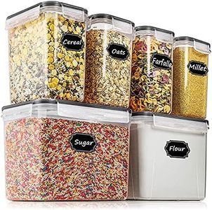 Wildone Airtight Food Storage Containers Cereal & Dry Food Storage Container Set of 6(Black Lid), Leak-proof & BPA Free, With 1 Measuring Cup & 20 Chalkboard Labels & 1 Chalk Marker