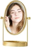 HuiDao Vintage Makeup Mirror, Desk Mirror with Tray, Metal Vanity Mirror with Stand Antique Decorative, 360° Swivel Table Top Mirror for Dresser, Countertop, Bedroom, Bathroom, Living Room, Gold