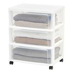 IRIS USA 3 Drawer Wide Storage Drawer Cart with Caster Wheels, Plastic Rolling Dresser for Home Closet Bedroom Bathroom Office Laundry Kitchen Craft Room Nursery and Dorm, White/Clear