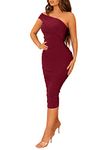 Halfword Sexy One Shoulder Midi Dress for Women Ruched Bodycon Drawstring Night Party Club Cocktail Dresses, Wine Red, Large