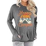 Fuyxxmer Happy Camper Sweatshirt Women Vintage Mountain Graphic Tee Long Sleeve Pullover Blouses Top Shirts with Pockets Grey