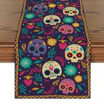 Artoid Mode Watercolor Marigolds Skull Day of The Dead Table Runner, Seasonal Kitchen Dining Table Decoration for Outdoor Home Party 13x72 Inch