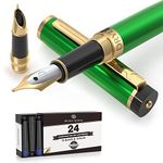 Dryden Designs Fountain Pen - Medium 0.5mm and Fine 0.38mm Nibs | Includes 24 Ink Cartridges and Ink Refill Converter | Calligraphy Pen, Consistent Writing, Smooth Flow - Emerald Green