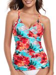 RELLECIGA Women's Blue Floral V Neckline Ruched Tankini Top Swimsuits Size Large