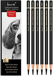 Brusarth Professional Charcoal Pencils Drawing Set - 6 Pieces Soft Medium and Hard Charcoal Pencils for Drawing, Sketching, Shading