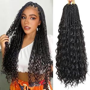 WoWCFyyds 8 Packs Crochet Braids Hair Curly 18 Zoll Goddess Box Braids Crochet Hair Bohemian Hippie Braids Extensions with Curly Ends Synthetic Hair Extensions for Braids（1B）