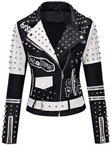 RISISSIDA Studded Leather Jacket Women Moto Motorcycle Plus Size Oversized Faux Leather Short Coat Black-white 0376 3X-L