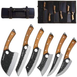 6 Piece Butcher Knife Set Leather Roll Father’s Day Gift For Dad Serbian Chef Viking Cleaver Boning Scimitar Kiritsuke Knives Hammered Pattern Forged Steel Meat Cutting Knives Kitchen Knife BBQ Prep