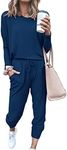 PRETTYGARDEN Women's Fall 2 Piece Lounge Outfit Long Sleeve Crewneck Pullover Tops High Waisted Pants Set Tracksuit (Dark Blue,Small)