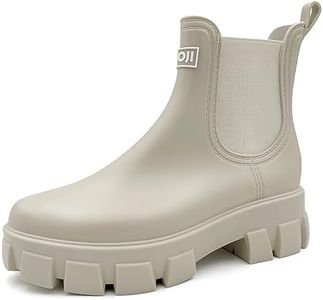 Amoji Unisex Chelsea Rain Boots Waterproof Platform Short Boots Short Rainy Footwear 917 Beige 6 Women/5 Men