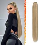 BARSDAR Drawstring Ponytail Extension - 30 Inch Long Straight Blonde Ponytail Hair Extensions Synthetic Fake Pony Tails Hairpieces Clip in Ponytail for Women Girls Daily- Light Ash Blonde Mixed