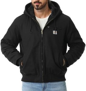 TUAOVA Men's Work Coat Washed Duck Fleece Lined Waterproof Workwear Fit Relaxed Winter Hooded Active Jacket(Black,XL)