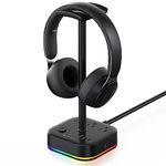 TROND Headset Holder Headphone Stand with USB Charger & Power Strip 2 in 1, RGB Earphone Hanger Accessories 3 USB Charging Port, 3 AC Outlet for Desk Gaming, Desktop, DJ (Black)