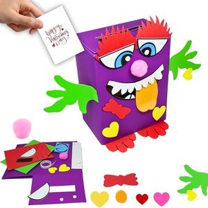 4E's Novelty DIY Monster Valentines Card Box Craft Kit - Makes 1 Valentines Day Crafts for Kids, Valentine Mailbox for Classroom Exchange Party Activity Mail Box Crafts for Kids Girls Boys