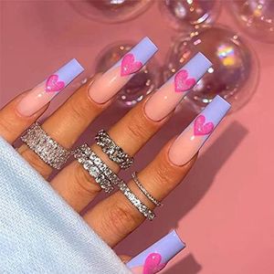 24 Pcs Press on Nails Heart Fake Nails Cute False Nails Long Coffin Full Cover Acrylic French Manicure for Women Girls (Heart Fake Nails-L)