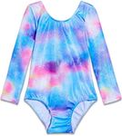 TENVDA Long Sleeve Gymnastics Leotards for Girls 7-8 Years Old Sparkly Starry Sky Blue Tumbling Outfit Comfy Fitted Pro Workout Bodysuit