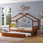 Merax Twin Size Wooden House Bed with Trundle, Wood Bed Frame with Roof for Kids, Teens, Boys or Girls, Walnut