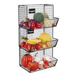 Taylor & Brown 3 Tier Metal Basket Stand - Wall Mounted Basket Vegetable Rack with Removable Chalkboards and Hooks - Hanging Wire Storage Basket Fruit Organiser for Kitchen Bathroom Garage