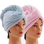 CAIHONG Microfibre Hair Towel, 2 Pack Hair Turbans for Wet Hair with Button, Anti Frizz Hair Turban, Super Absorbent Hair Towel Wrap for Women Curly, Long, Short Hair (Blue & Pink)