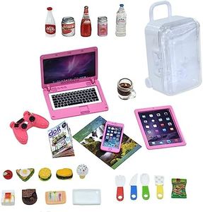 27 Pieces Dollhouse Mini Laptop Tablet and Smart Phone Newspaper Book Miniatures Hamburger Cake Coffee Juice Trolley case DIY Play Game Party Toys Accessories (Pink Set)