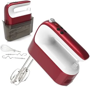 Yomelo 9-Speed Digital Hand Mixer Electric, 400W Powerful DC Motor, Baking Mixer Handheld with Snap-On Storage Case, 5 Stainless Steel Accessories, Flat Beaters, Dough Hooks, Whisk (Red&White)