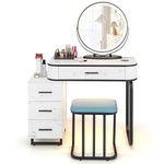 RELAX4LIFE Dressing Table Set, Cosmetic Makeup Table with Wireless Charging Station, 3-Color LED Mirror, Cushioned Stool and 4 Drawers, Wooden Vanity Dresser Desk for Women Girls (White Table)