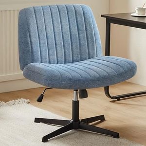 Sweetcrispy Criss Cross Chair Legged, Armless Office Desk Chair No Wheels, Swivel Vanity Chair, Height Adjustable Wide Seat Computer Task Chair, Fabric Vanity Modern Home Chair Blue