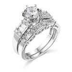 TWJC 14k White Gold Solid Wedding Engagement Ring and Wedding Band 2 Piece Set - Size 7