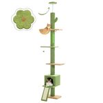 PAWZ Road Cat Tree Floor to Ceiling with Height Adjustable 216cm to 273cm, Cactus Cat Tower with Spacious Activity Space, Hammock and Cat Condo, Anti-Fall Belt, 5 Tiers Green