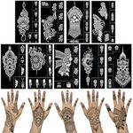 QSTOHENA 9 Sheet Henna Tattoo Stencils kit for Hand Arm, Self Adhesive Indian Arabian Temporary Tattoo Stickers Glitter Airbrush DIY Tattooing Templates for Women Girls