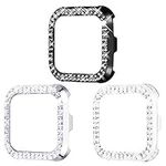 Surace Compatible for Fitbit Versa Case, Bling Crystal Diamond Frame Protective Case Compatible for Fitbit Versa Smart Watch (3 Packs, Black/Silver/Clear)