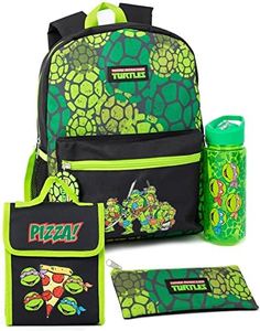 Teenage Mutant Ninja Turtles 4 Piece Backpack Set | Animated Warriors Green Rucksack Pizza Lunch Bag Pencil Case Water Bottle | TMNT Back to School Bag Gifts