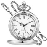 Tiong Vintage Silver Smooth Steel Pocket Watch with Chain Roman Numerals Silver Men's Quartz Pocket Watches for Men