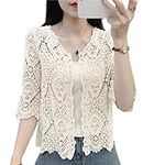 Women's Summer 3/4 Sleeves Open Front Cropped Cardigan Boho Hollow Crochet Knitted Lace Shrug Apricot, Apricot