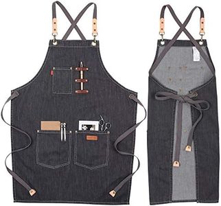 VANTOO Denim Server Apron with Pockets for Men Women, Kitchen Chef Apron for Cooking Painting Hair Stylist (Dark Grey)