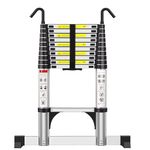 Exleiter Telescoping Ladder 3.2M, Extension Ladder with Hooks and Stabiliser Aluminium Folding Loft Ladder, Adjustable Step, Home Storage, Attic, Maintenance Garden etc, Max Load 150kg/330lb