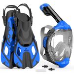 EMSINA-Full Face Snorkel Mask fins Set for Adults and Kids, Upgrade Dry Top Breathing System-New flowtech Design- Foldable Panoramic View, Anti Leak&Fog_BlueL/XL