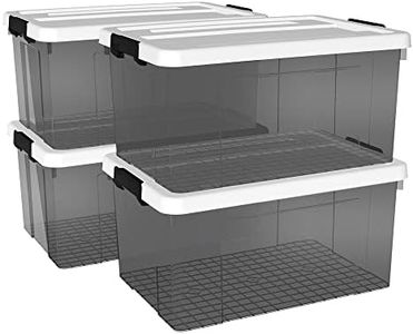 Cetomo 90L*4 Storage Boxes, Plastic Storage Box with Lids, Organizing Container with Secure Latching Buckles, Stackable, Nestable, Large Bin for Home Clothes, 90L-4Pack, Clear Black