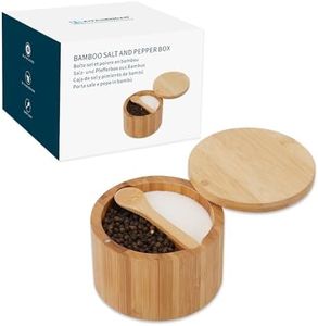 KITCHENDAO Bamboo Salt and Pepper Bowl Box Cellar, Built-in Spoon, Two Compartments Spice Seasoning Container,Sea Salt Cellar Holder,Magnetic Swivel Lid,Dual 5oz Capacity