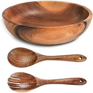 UPTALY Oversized Wooden Salad Bowl (28 x 8.5 cm), No Splicing, Chiseled from Entire Piece of Wood, with Wooden Salad Spoon and Fork Set (26 x 6.8 cm), Acacia Wood Bowl, Large Serving Wooden Bowls