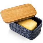 Hasense Ceramic Butter Dish with Bamboo Lid, Large Butter Container for Countertop Airtight Butter Stick Covered Keeper,Navy Blue Embossed Pattern,Easy Clean Dishwasher Safe