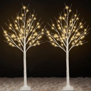 2-Pack 4FT Lighted Birch Tree (Higher Size & Floor Standing), Birch Christmas Tree for Indoor & Outdoor, Warm White 96 LED Birch Tree Lights for Outdoor Christmas Decorations Indoor Home Thanksgiving