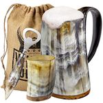 Viking Culture Ox Horn Mug, Shot Glass, and Bottle Opener (3 Pc. Set) Authentic 16-oz. Ale, Mead, and Beer Tankard | Vintage Stein with Handle - Polished Finish | Without Design