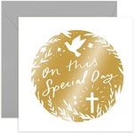 Old English Co. Gold Special Day Card - Floral Dove Cross Design Greeting Card for Baptism, Christening, Easter, First Holy Communion - Religious Faith Celebration Card | Blank Inside with Envelope