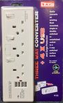 13A 3 Gang wall socket convertor with 4 USB charging ports and surge protection. Simply convert an existing double or single wall socket with this and give yourself more power options