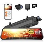 WOLFBOX G930 4K 10" Rear View Mirror Camera, Dash Cam Front and Rear for Car with 64GB Card, Touch Screen Smart Rear View Mirror Backup Camera, Parking Monitor, Reverse Assist, GPS, Support 256GB Max