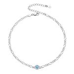 925 Sterling Silver Simulated March Birthstone Inlaid Figaro Chain Ankle Bracelet for Women Girls