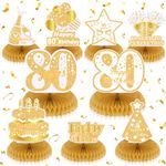 9Pcs White Gold 80th Birthday Decorations for Women White Gold Happy 80th Birthday Honeycomb Centerpiece for Women Men 80th Birthday Party Centerpiece Table Decorations Supplies